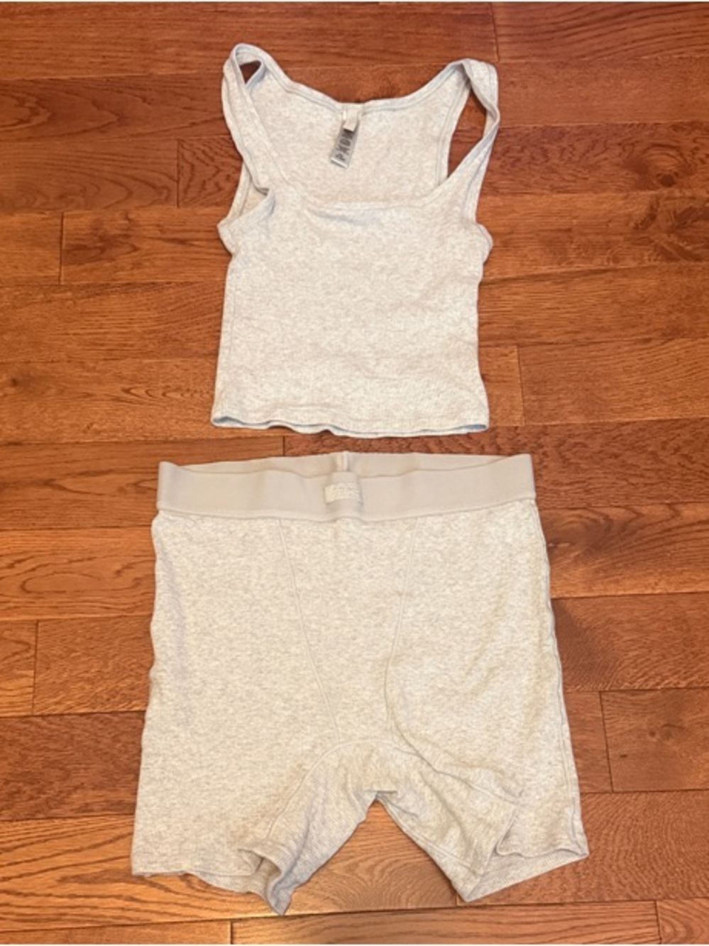 SKIMS Light Gray Tank and High-Waist Shorts Lounge Set